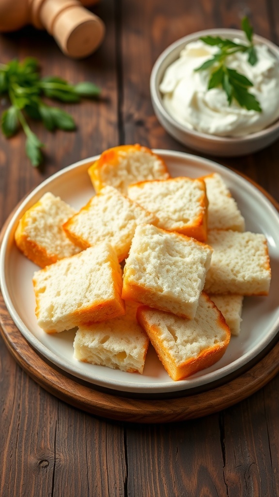Fluffy cloud bread pieces on a plate, golden brown, with cream cheese spread on the side.